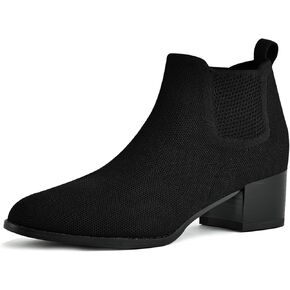 Low Heel Ankle Boots for Women Chunky Heel Knit Sock Chelsea Boots Slip On Stretchy Comfortable Short Boots Fashion Black Brown Heeled Booties Dress Shoes for Fall & Winter