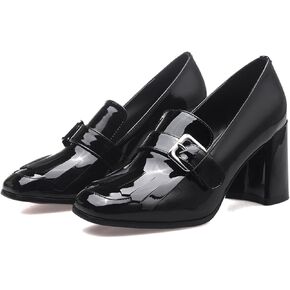 MOOMMO Women Chunky Block Heel Loafers Pumps Square Closed Toe Slip On Dress Shoes Patent Leather Oxford Loafer Shoes Fringe Buckle Tassel Wingtip Office Work Shoe Business Professional 4-11 M US