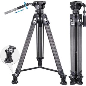 Carbon Fiber Video Tripod with Detachable 360 Degree Fluid Drag Pan Head Heavy Duty Camera Twin Tube Tripod for DSLR Camcorder Monopod Canon Nikon Sony Load up to 26.5lb/12kg
