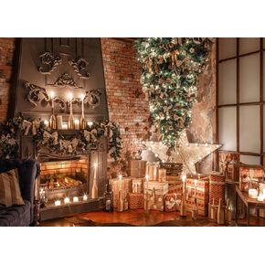 7X5FT Christmas Backdrop Fireplace Backdrop Christmas Tree Stocking Gift Box Photo Backdrop Winter Bedroom Decoration Party Supplies Studio Vinyl Photography Backdrop BY134