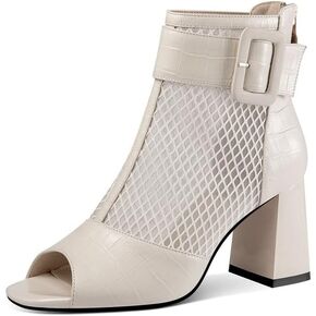 TinaCus Women's Open Toe Genuine Leather & Mesh Handmade Buckle Mid Block Heels Zip Up Ankle Boots