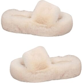 OYOANGLE Women's Faux Fur Open Toe Platform Slippers Stylish Fuzzy Slippers Slip on Indoor House Slippers