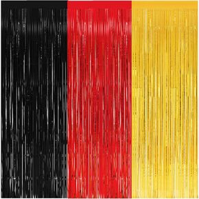 3 Pack Foil Curtains-8x9.84 Ft Red Gold and Black Fringe Metallic Backdrop Curtain for Mouse Themed Baby Shower Birthday Nursery Party Decorations