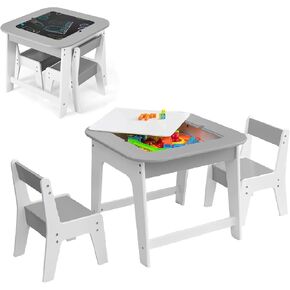 INFANS Kids Table and Chair Set, 3 in 1 Wooden Activity Table with Removable Tabletop, Blackboard and Whiteboard for Toddlers Arts Crafts Drawing Reading Playing, Playroom Nursery (Grey)