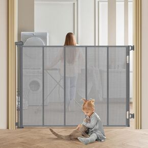 47" Extra Tall Retractable Baby Gates, Extends to 59" Wide, Extra Tall Retractable Safety Gate with Reinforced Strips, Retractable Tall Dog Gates for Doorways Mesh Baby Pet Gates Indoor, Grey