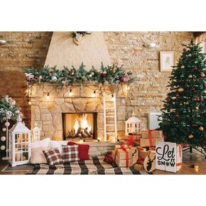 10x8ft Christmas Fireplace Theme Backdrop for Photography Christmas Tree Decorations for Xmas Party Supplies Background Pictures Banner Photo Studio Decor Booth Props
