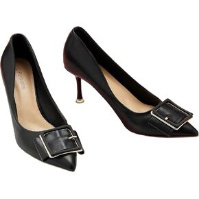 C.Paravano Classic Women's Pumps Metal Square Buckle Pumps Pointy Heels for Ladies Stiletto Heel Pointed Toe Pumps for Office Wear Womens Heels Comfortable Dressy(Black,Size 7.5)