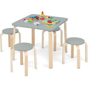 INFANS Kids Wooden Table and Stool Set, 5-Piece Activity Table with 4 Stools for Toddler Building Block Drawing Reading Art Crafts, Children Natural Furniture Set for Kindergarten Classroom