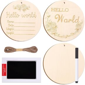 2Pcs Baby Birth Announcement Sign, 5.9in Hello World Newborn Sign with Ink Pad for Hand and Footprints, Wooden Baby Name Sign for Hospital Newborn Announcements, Baby Shower, Photo Prop