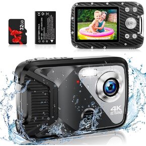 4K Waterproof Digital Camera with 32GB Card Underwater Digital Camera for Kids Point and Shoot Camera Portable Camera for Teens Students Boys Girls