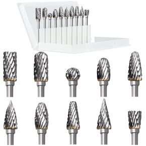 10PCS 1/8" Shank Carbide Rotary Burr Set Compatible with dremel Tool Accessories Double Cut Die Grinder Bits Rotary File Rasp for Woodworking/Carving/Drilling/Steel Metal Working/Stone/Polishing DIY