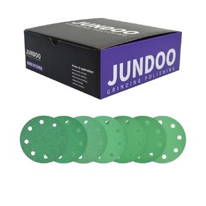 JUNDOO 5 Inch 9 Hole Green Film Mixed Grit 80, 120, 150, 180, 220 Grit Variety Pack (10/Each) Hook and Loop Sanding Discs for Automotive and Woodworking 50 Pcs