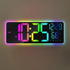 Gerpory 13" Digital Wall Clock with Night Lights, 8 RGB Colors, Bluetooth Speaker, Auto Time Sync, Auto DST, Dual Alarm, Auto-Dimming, Humidity, Temperature, Digital Clock with Remote Control