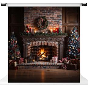 Kate Christmas Fireplace Photo Backdrop Christmas Pine Tree Gifts Photography Background Studio Props, 7x5ft