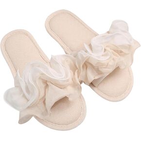 OYOANGLE Women's Ruffle Lace Trim Open Toe Slippers Slip on Elegant Sandals Indoor Home Slippers