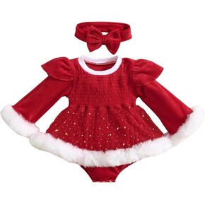 Infant Baby Girls Christmas Romper Dresses Headband Ruffle Shoulder Fur Sleeve Dress Bodysuit Fall Clothes