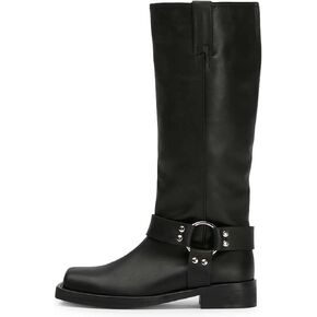 FIFSY Women's Knee High Boots Slip On Black Riding Boots Buckle Boots for Women Sexy Squared Toe Low Chunky High Heel Tall Motorcycle Boots Women's Low Heel 1-2" Boots Dance Party Booties US7