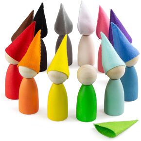 Ulanik Large Peg Dolls with Hats Toddler Montessori Toys for 3 Year Old + Kids Wooden Waldorf Dolls for Learning Color Sorting and Counting — 12 Gnomes, 3.35 in