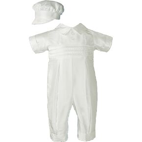 White Silk Christening Baptism Coverall with Hat