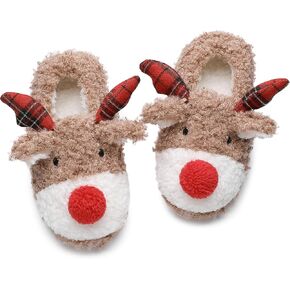 Bigwow Women's Slippers Christmas Reindeer Fuzzy Slip On Cute Elk Plush House Slipper Comfy Winter Warm Indoor Home Shoes