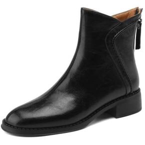 TinaCus Women's Handmade Genuine Leather Back Zip Stitching Round Toe Chunky Heel Ankle Boots