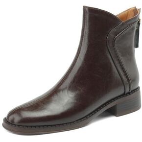 TinaCus Women's Handmade Genuine Leather Back Zip Stitching Round Toe Chunky Heel Ankle Boots in Kuwait