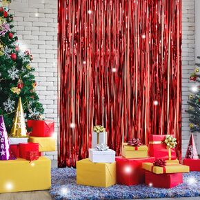LOLStar 3 Pack Christmas Foil Fringe Curtains Christmas Party Decoration 3.3X6.6 ft Each Red Silver Green Tinsel Fringe Party Photo Backdrop Streamer Backdrop for Christmas,New Year,Ugly Sweater Party