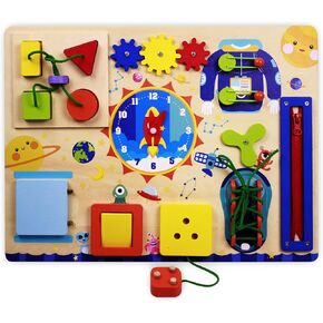 Montessori Wooden Busy Board for Toddlers - Sensory Board for Fine Motor Skills Montessori Toddler Busy Board Gift for Kids Baby Boys Girls - Travel Busy Board Montessori Toys for Plane Car
