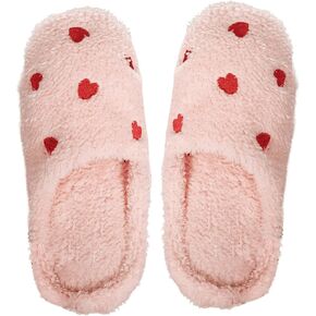 OYOANGLE Women's Heart Embroidered Fuzzy Slippers Close Toe Flat Indoor Slippers Trendy Warm Cozy Slipper Shoes