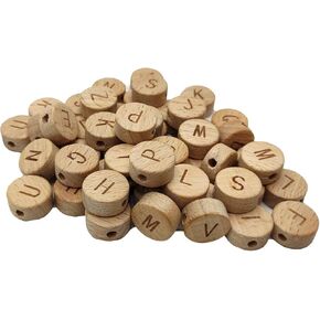 52pcs Oblate Wooden Alphabet Beads Natural Wood Laser Letter Loose Beads Unfinished Beech Round Wood chip DIY Beaded Accessories for Craft Jewelry Making (Letter Beads 52pcs)