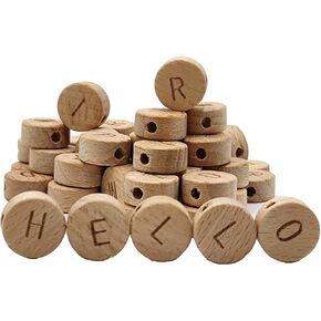 52pcs Oblate Wooden Alphabet Beads Natural Wood Laser Letter Loose Beads Unfinished Beech Round Wood chip DIY Beaded Accessories for Craft Jewelry Making (Letter Beads 52pcs)