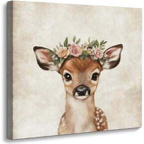 ORIDOMY Cute Deer Baby Wall Art for Baby Nursery Wildlife Deer Wearing Wreath Wall Pictures Vintage Animal Portrait Photo Painting for Farmhouse Bedroom Bathroom Home Office Decor Kids Gifts 12"x12"