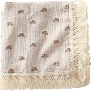 Boho Nursery Decor Teddy Bear Print Baby Blanket 40"x 47", Gender Neutral Swaddle Muslin with Fringe, Cotton Muslin Blanket Baby Girl Boy Stuff-Bear
