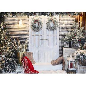 7 x 5 FT Christmas Photo Backdrop - Large White Snow Winter Rustic Barn Wood Door with Christmas Tree Wreath Design Hanging Background, Xmas Photography Booth Props for Indoor Outdoor Decorations