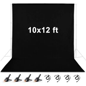 10 x 12 ft Black Backdrop, Polyester Fabric Chromakey Black Backdrop Background for Photography, Video, Studio and Television with 4 Backdrop Clips and 4 Spring Clamps