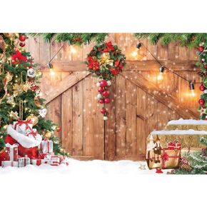 10x8ft Christmas Barn Wood Door Backdrop Xmas Tree Rustic Wooden Snow Winter Wall Floor Party Photo Background for Holiday New Year Party Banner Family Holiday Party Supplies