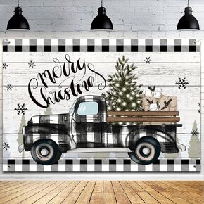 Christmas Black Truck Backdrop Banner Christmas Party Background Decorations for Photography Black White Buffalo Plaid Xmas Tree Winter Holiday Backdrop for Home Decor Supplies
