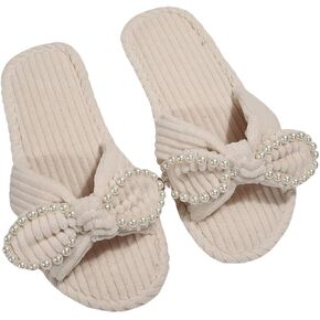 OYOANGLE Women's Pearl Decor Twisted Bowknot House Bedroom Slippers Corduroy Slides Bedroom Home Slippers