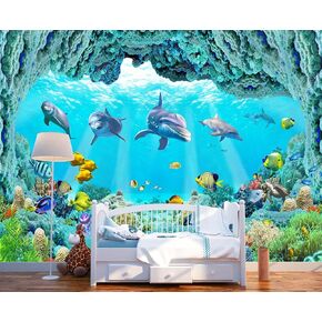 3D Ocean Animal World Shark cave Shoal of Fish Wallpaper Mural for Kid's Room (Not Peel and Stick)
