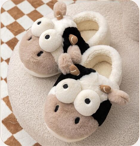 Animal Cow Slippers Women Slippers Men's Cozy Plush House Slippers Warm Winter Cotton Shoes in Kuwait