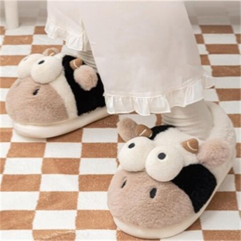 Animal Cow Slippers Women Slippers Men's Cozy Plush House Slippers Warm Winter Cotton Shoes in Kuwait