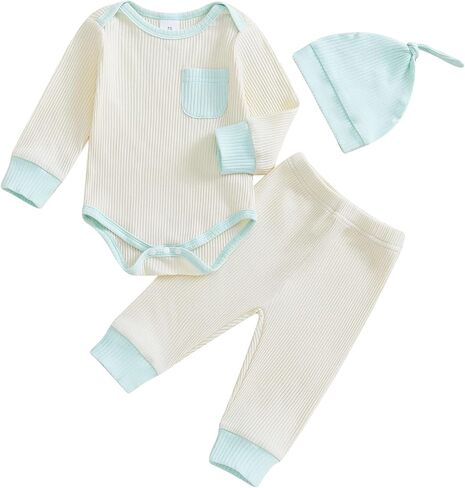 Newborn Baby Boy Girl Clothes Color Block Ribbed Kint Romper Bodysuit Jumpsuit Pants Set Hat Coming Home Outfits in Saudi Arabia