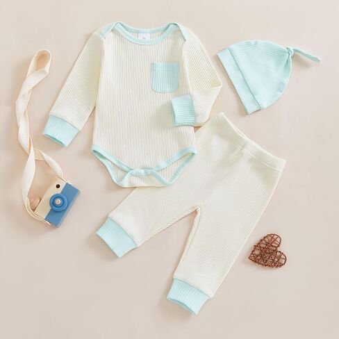 Newborn Baby Boy Girl Clothes Color Block Ribbed Kint Romper Bodysuit Jumpsuit Pants Set Hat Coming Home Outfits in Saudi Arabia