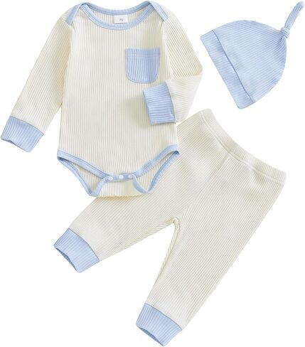 Newborn Baby Boy Girl Clothes Color Block Ribbed Kint Romper Bodysuit Jumpsuit Pants Set Hat Coming Home Outfits in Saudi Arabia