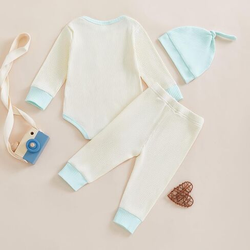 Newborn Baby Boy Girl Clothes Color Block Ribbed Kint Romper Bodysuit Jumpsuit Pants Set Hat Coming Home Outfits in Saudi Arabia