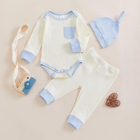 Newborn Baby Boy Girl Clothes Color Block Ribbed Kint Romper Bodysuit Jumpsuit Pants Set Hat Coming Home Outfits in Saudi Arabia