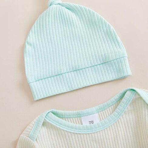 Newborn Baby Boy Girl Clothes Color Block Ribbed Kint Romper Bodysuit Jumpsuit Pants Set Hat Coming Home Outfits in Saudi Arabia