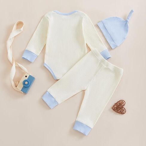 Newborn Baby Boy Girl Clothes Color Block Ribbed Kint Romper Bodysuit Jumpsuit Pants Set Hat Coming Home Outfits in Saudi Arabia