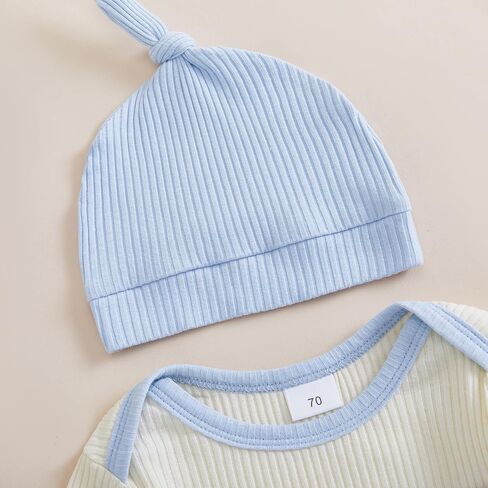 Newborn Baby Boy Girl Clothes Color Block Ribbed Kint Romper Bodysuit Jumpsuit Pants Set Hat Coming Home Outfits in Saudi Arabia