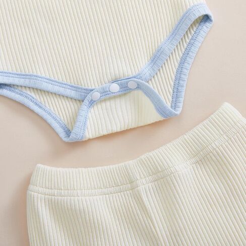 Newborn Baby Boy Girl Clothes Color Block Ribbed Kint Romper Bodysuit Jumpsuit Pants Set Hat Coming Home Outfits in Saudi Arabia